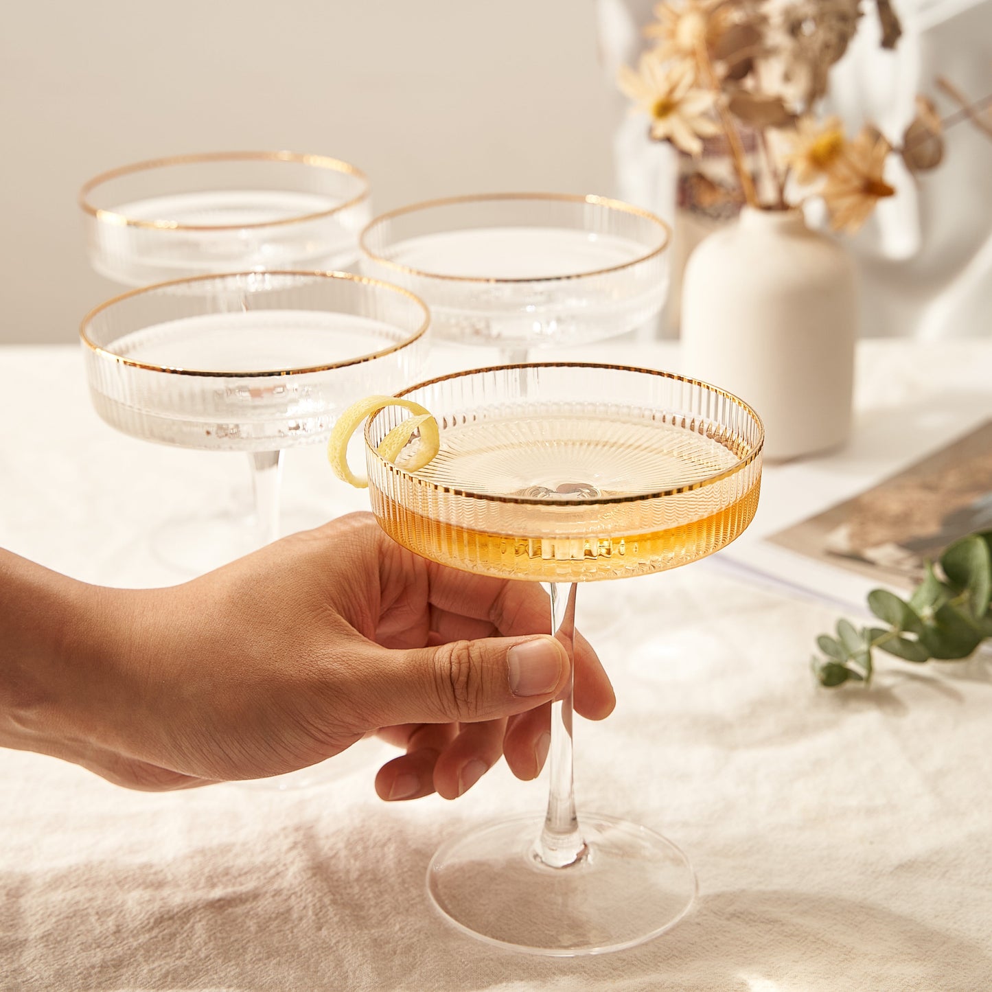Ribbed Coupe Cocktail Glasses With Gold Rim 8 oz | Set of 4 | Classic Manhattan Glasses For Cocktails, Champagne Coupe, Ripple Coupe Glasses, Art Deco Gatsby Vintage, Crystal with Stems