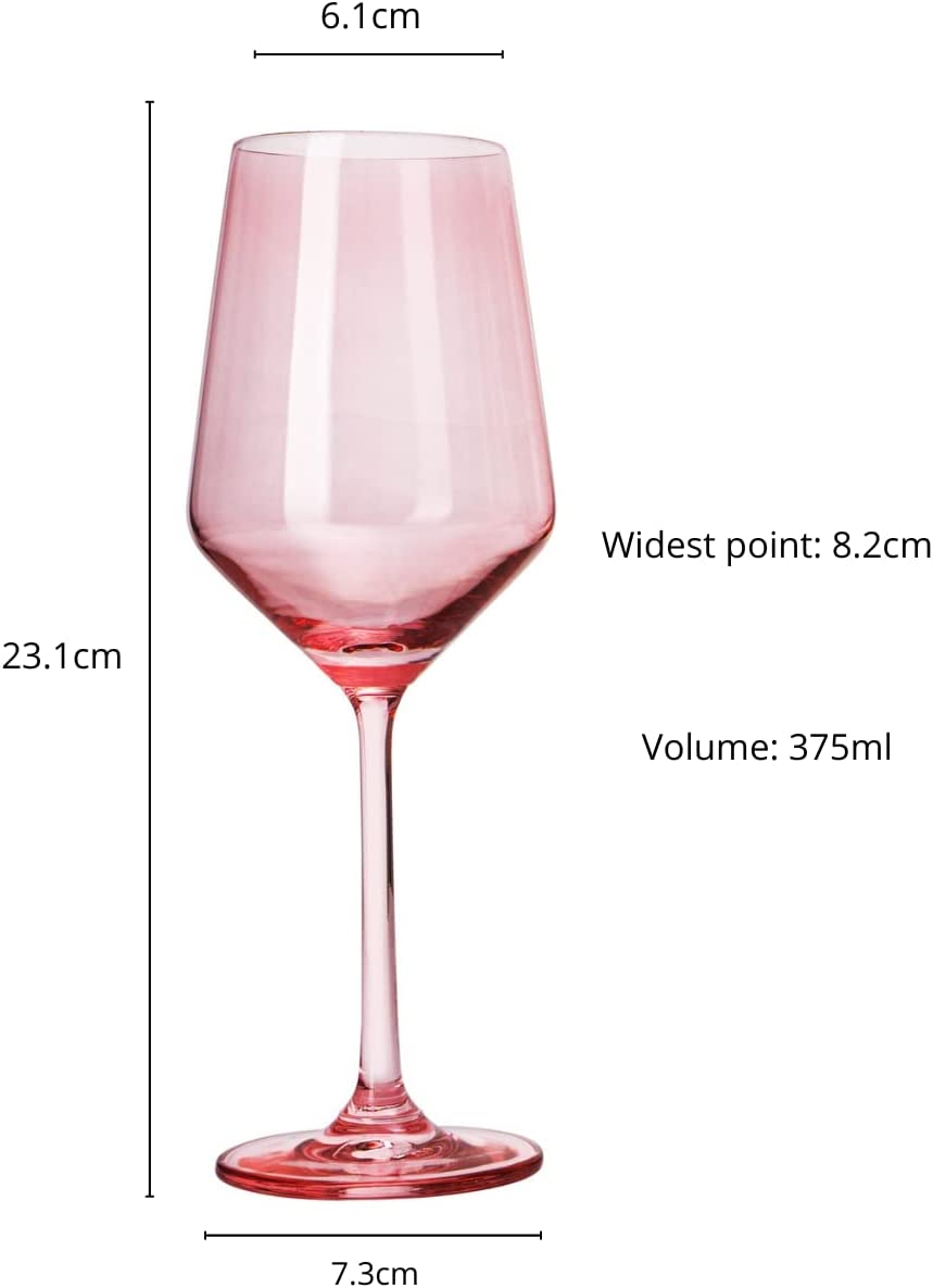 Set of 6 Colored Wine Glasses - 12 oz Hand Blown Italian Style Crystal Bordeaux Wine Glasses - Premium Stemmed Colored Glassware - Unique Drinking Glasses (6, Rose)