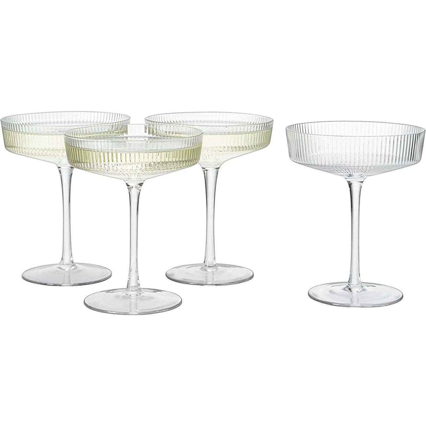 Ribbed Coupe Cocktail Glasses 8 oz | Set of 4 | Classic Manhattan Glasses For Cocktails, Champagne Coupe, Ripple Coupe Glasses, Art Deco Gatsby Vintage, Crystal with Stems (Clear)