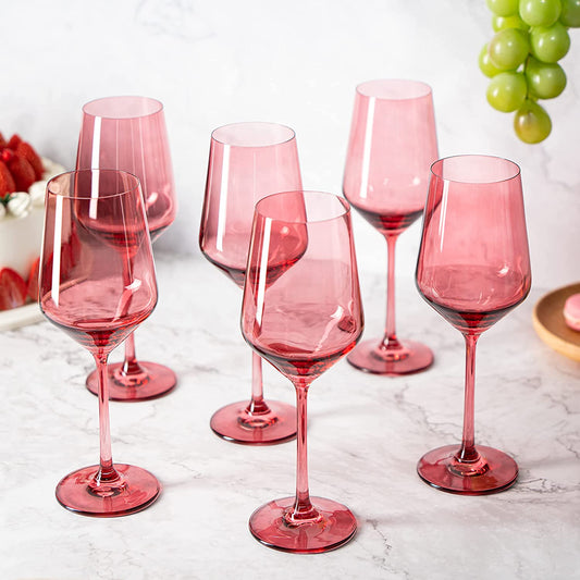 Set of 6 Colored Wine Glasses - 12 oz Hand Blown Italian Style Crystal Bordeaux Wine Glasses - Premium Stemmed Colored Glassware - Unique Drinking Glasses (6, Rose)