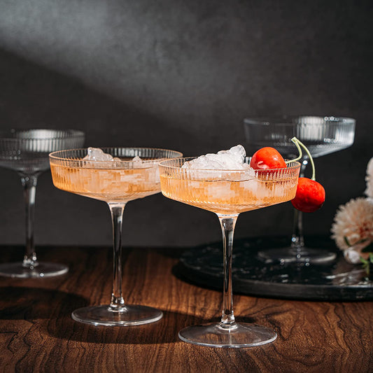 Ribbed Coupe Cocktail Glasses 8 oz | Set of 4 | Classic Manhattan Glasses For Cocktails, Champagne Coupe, Ripple Coupe Glasses, Art Deco Gatsby Vintage, Crystal with Stems (Clear)