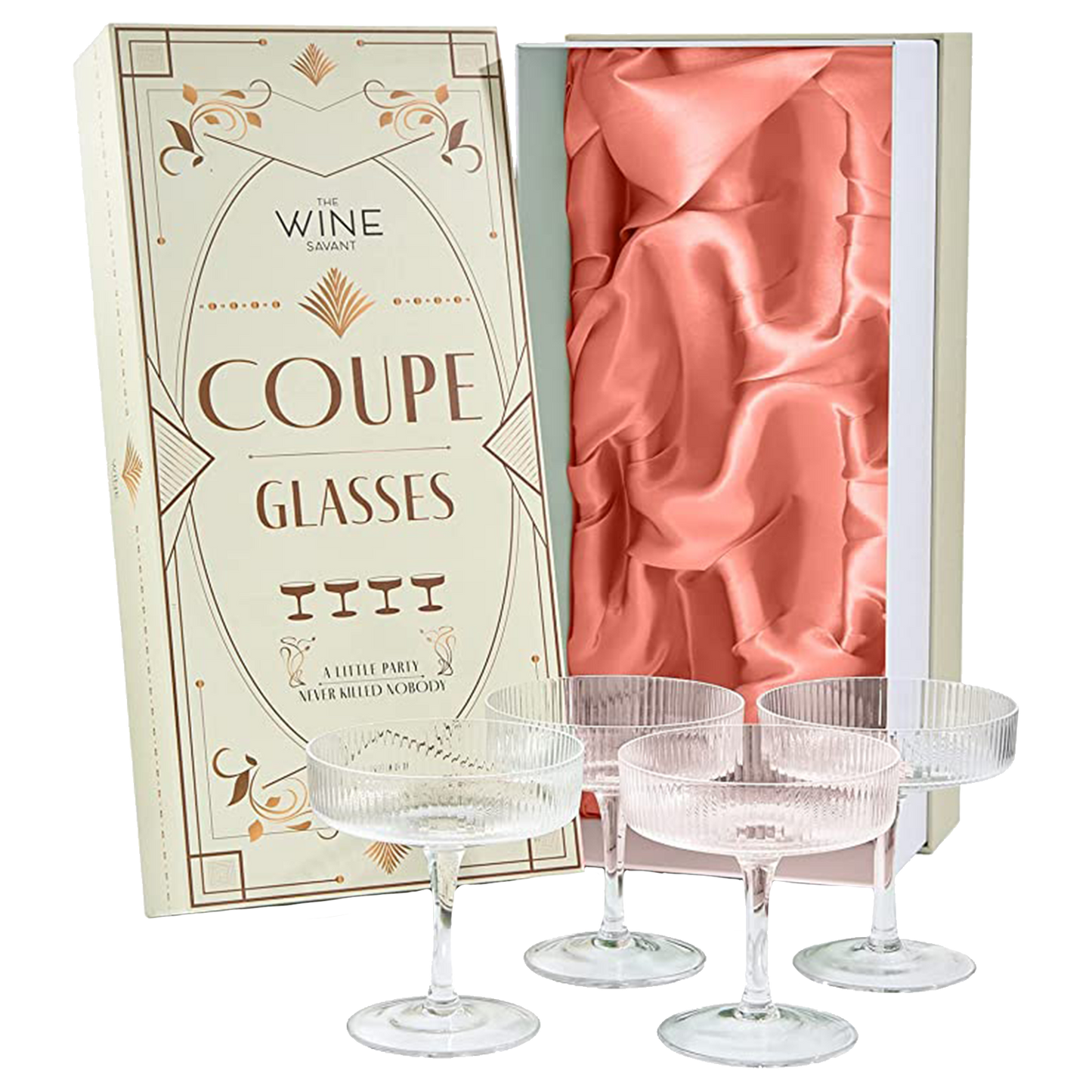 Ribbed Coupe Cocktail Glasses 8 oz | Set of 4 | Classic Manhattan Glasses For Cocktails, Champagne Coupe, Ripple Coupe Glasses, Art Deco Gatsby Vintage, Crystal with Stems (Clear)