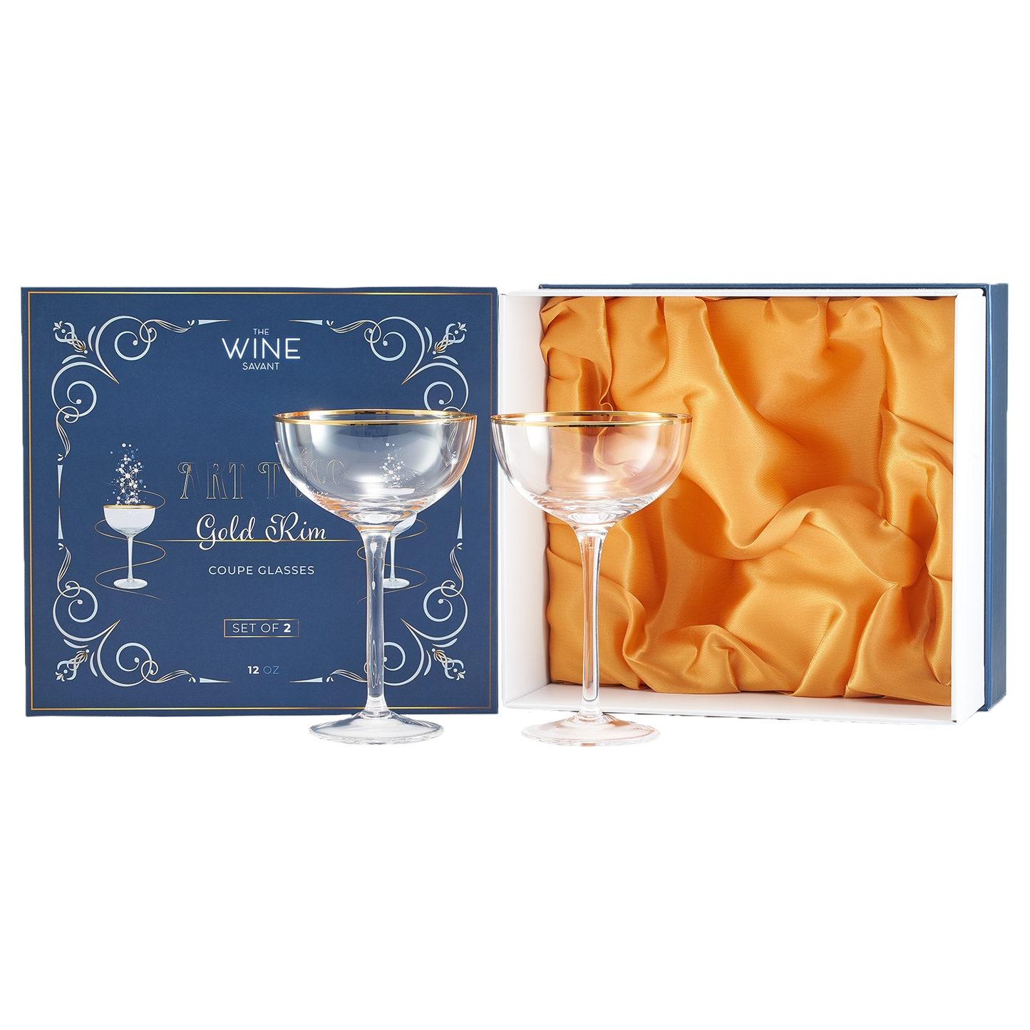 Vintage Crystal Champagne Coupe Gold Rim Glasses | Set of 2 | 7 oz, Gilded Rim Classic Cocktail Glassware - Martini, Manhattan, Cosmopolitan, Sidecar, Daiquiri | 1920s Style Saucer Goblets | Gift Box