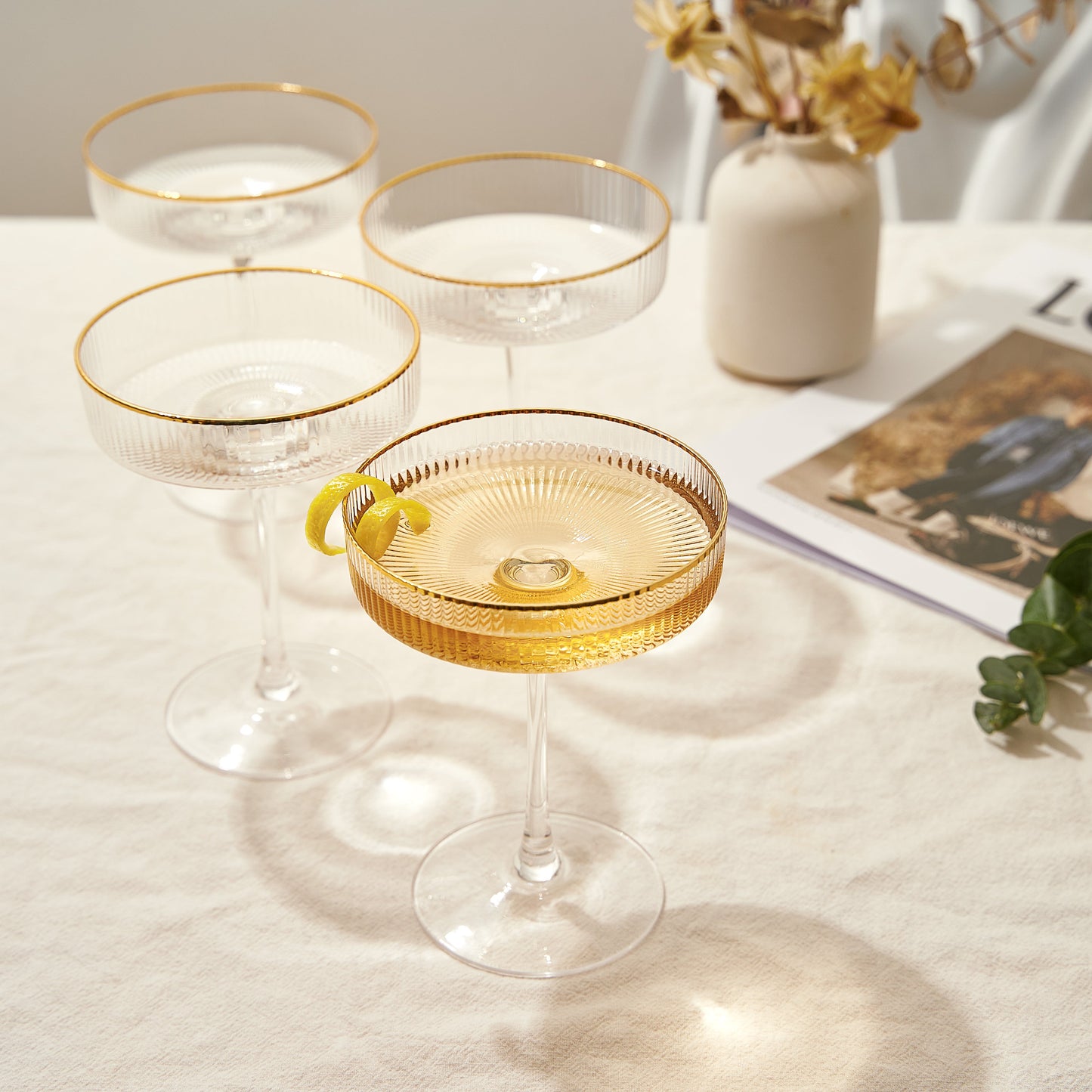 Ribbed Coupe Cocktail Glasses With Gold Rim 8 oz | Set of 4 | Classic Manhattan Glasses For Cocktails, Champagne Coupe, Ripple Coupe Glasses, Art Deco Gatsby Vintage, Crystal with Stems